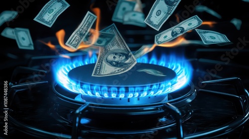 Dollar bills burning over a blue gas flame, symbolizing energy costs, waste, and financial impact. photo