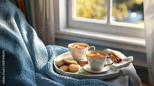 Tea couple and cookies on table in a winter setting, peaceful holiday morning, AI generated image photo