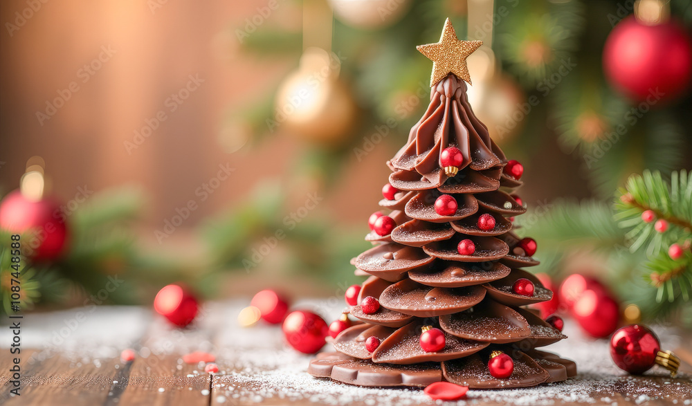 Christmas tree cake made of chocolate and chocolates , Christmas background decorations Christmas tree cake made of chocolate and chocolates , Christmas background decorations