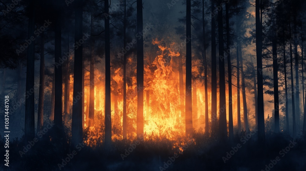 Forest engulfed in flames during a wildfire at night with smoke and darkness surrounding the trees Forest engulfed in flames during a wildfire at night with smoke and darkness surrounding the trees