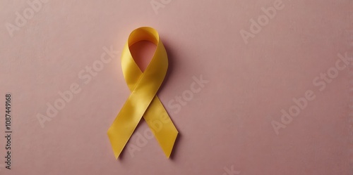 ellow cancer awareness ribbon on pastel background. Medicine and healthcare concept, women's health. Top view, copy space, banner 