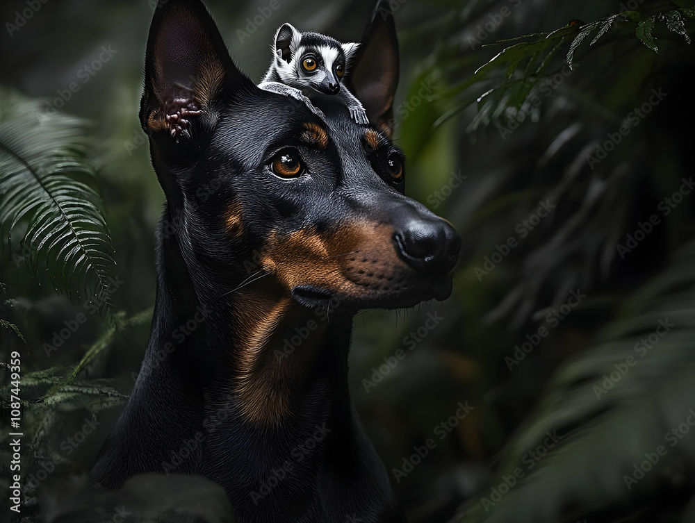 A majestic Doberman with a small mouse perched on its head, surrounded by lush green foliage. A majestic Doberman with a small mouse perched on its head, surrounded by lush green foliage.