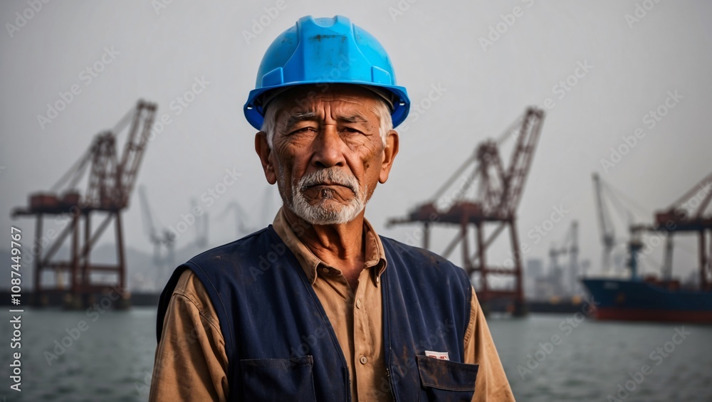 Serious elderly Hispanic male worker with blue hard hat stands confidently against a bustling marine backdrop of cranes and ships, showcasing resilience and experience. Serious elderly Hispanic male worker with blue hard hat stands confidently against a bustling marine backdrop of cranes and ships, showcasing resilience and experience.