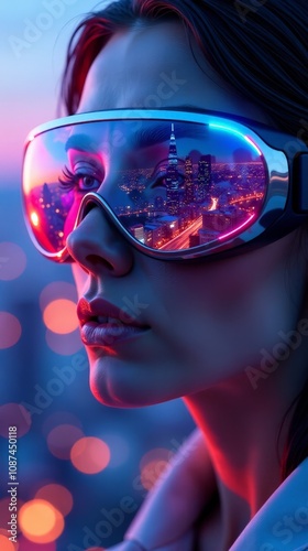 Futuristic City Reflection in Goggles Eco Friendly Technology Concept