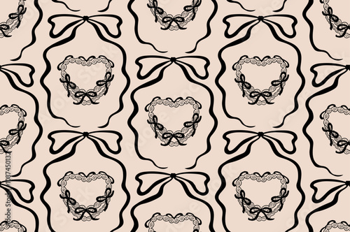 Retro seamless pattern with heart shaped cakes with ribbons. Vector background with cakes in bow frames. Vintage coquette aesthetic