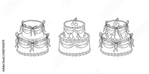 Set of various wedding cakes with cherries and bows. Vector illustration in vintage coquette aesthetic. Retro clipart for greeting cards and holiday invitations