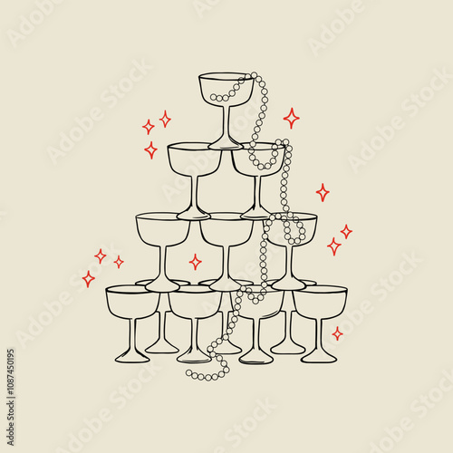 Vector illustration of glass pyramid with pearl necklace and stars. Elegant hand drawn champagne tower. Holiday clipart for wedding, birthday, valentines day, anniversary