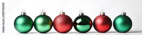 Row of green and red Christmas baubles on white.