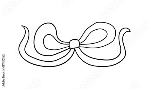 Vector outline illustration of quirky wavy ribbon. Hand drawn whimsical bow in retro coquette aesthetic