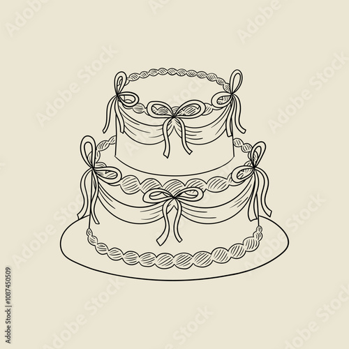 Wedding cake with bows on a plate in retro style. Vector illustration in vintage coquette aesthetic. Holiday, birthday, valentines day clipart