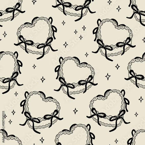 Vintage seamless pattern with outline heart shaped cakes with black bows. Vector background in retro coquette aesthetic