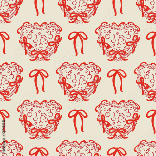 Vintage seamless pattern with outline heart shaped cakes with red ribbons. Vector background in retro coquette aesthetic