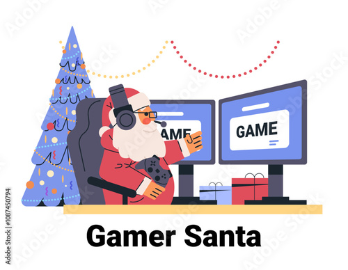 Gamer Santa playing video games on dual monitors wearing headset holding controller Christmas tree gifts festive decor holiday theme