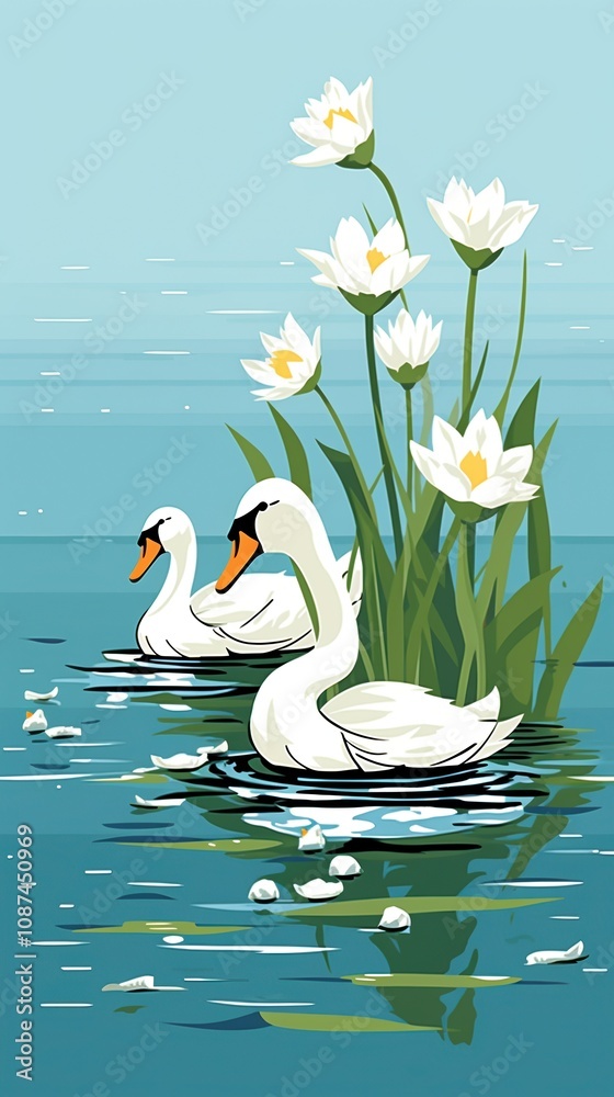 Obraz premium Two graceful white swans glide peacefully on a serene lake, surrounded by vibrant white water lilies. A tranquil scene of nature's beauty.