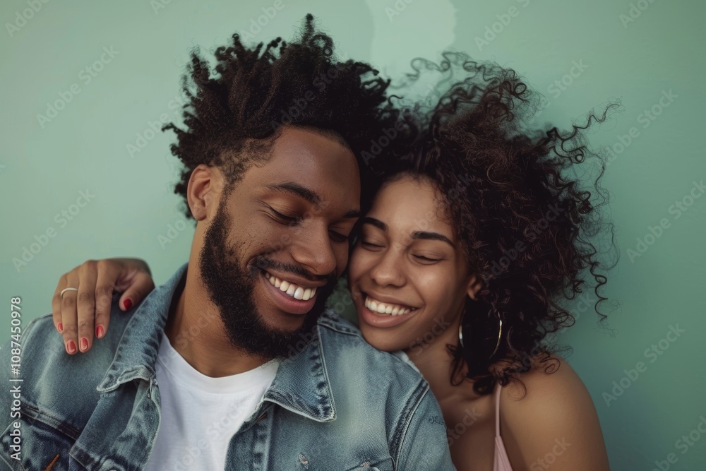 Portrait of a content multicultural couple in their 30s sporting a rugged denim jacket isolated on pastel green background Portrait of a content multicultural couple in their 30s sporting a rugged denim jacket isolated on pastel green background