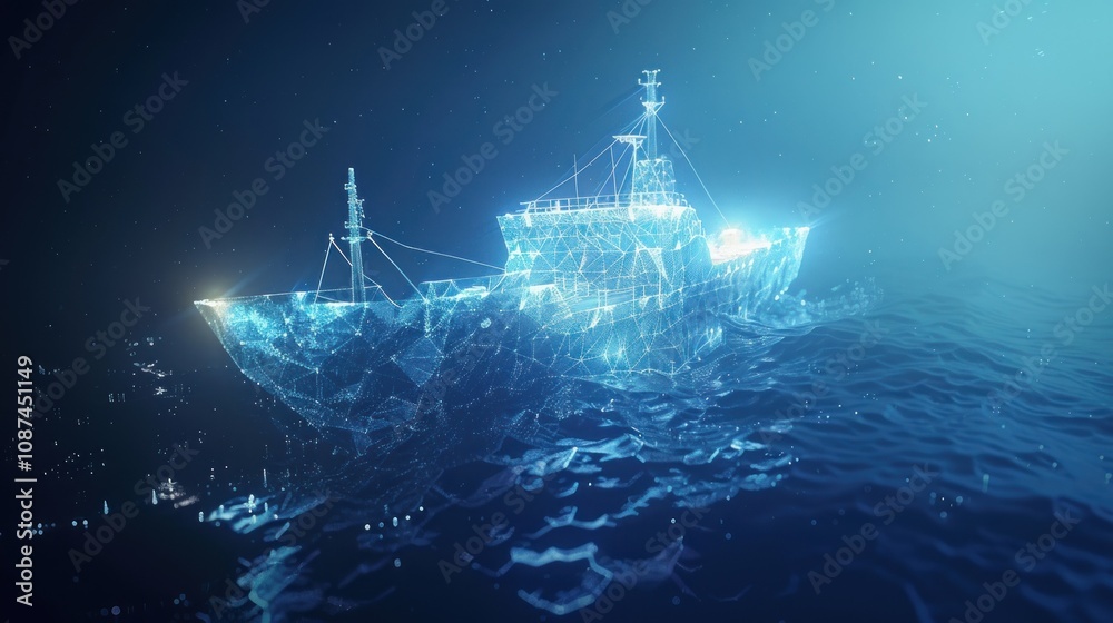 Obraz premium A digital rendering of a ship made up of a mesh of glowing blue lines, sailing on a dark blue ocean.