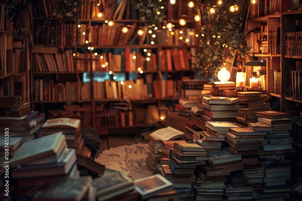 A serene space filled with bookshelves and glowing candles, inviting relaxation and contemplation in a literary haven. A cozy library setting with a backdrop of stacked books and warm, A serene space filled with bookshelves and glowing candles, inviting relaxation and contemplation in a literary haven. A cozy library setting with a backdrop of stacked books and warm,