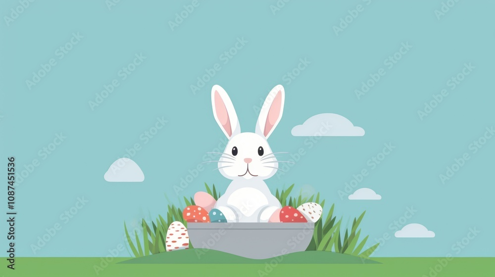 Fototapeta premium Adorable white bunny nestled in a basket of colorful Easter eggs, surrounded by lush green grass under a serene blue sky. Happy Easter!