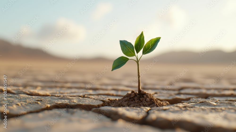 environment pollution balance concept, A small green sprout emerges from cracked, dry soil, symbolizing hope and resilience in a barren landscape under a clear sky. environment pollution balance concept, A small green sprout emerges from cracked, dry soil, symbolizing hope and resilience in a barren landscape under a clear sky.