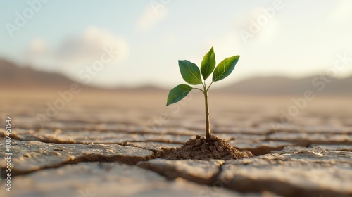 environment pollution balance concept, A small green sprout emerges from cracked, dry soil, symbolizing hope and resilience in a barren landscape under a clear sky.