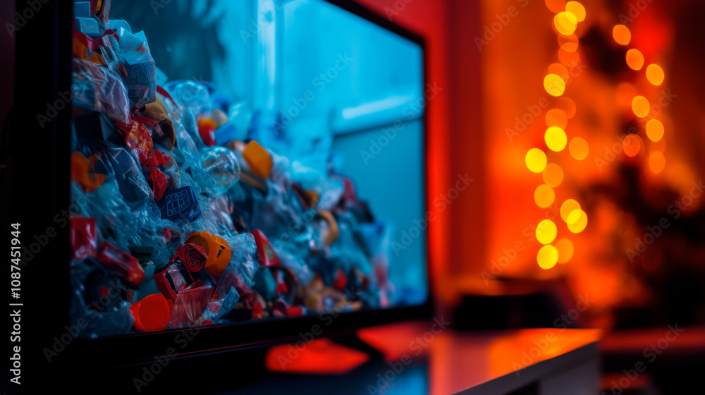 TV display showing piles of garbage - concept of brainwashing, propaganda, useless content TV display showing piles of garbage - concept of brainwashing, propaganda, useless content