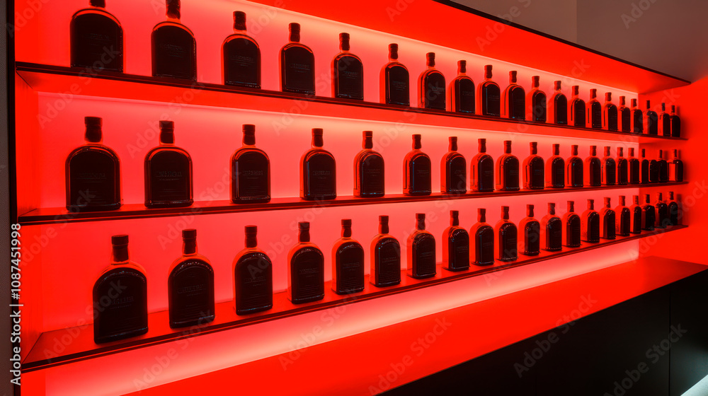 A lot of spirits, alcohol bottles on shelves in bar, red light illumination A lot of spirits, alcohol bottles on shelves in bar, red light illumination