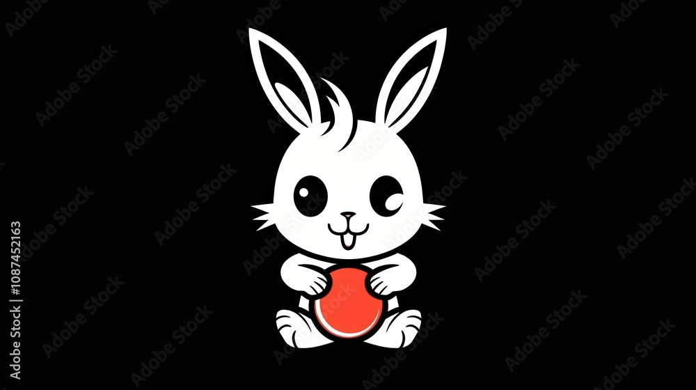 Fototapeta premium Adorable white bunny rabbit cartoon illustration against a black background, holding a red circle. Perfect for kids' designs and websites.