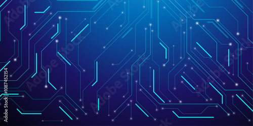 Abstract technology background. Artificial Intelligence chip or semiconductor with connected line. Technology lines circuit and dots on blue background, circuit board network connection.