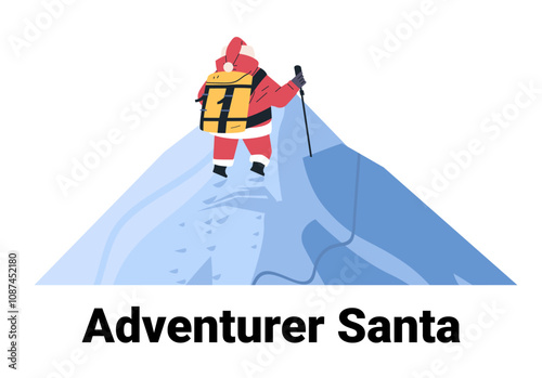 Santa climbing snowy mountain with backpack hiking gear winter adventure concept colorful minimalist design website banner