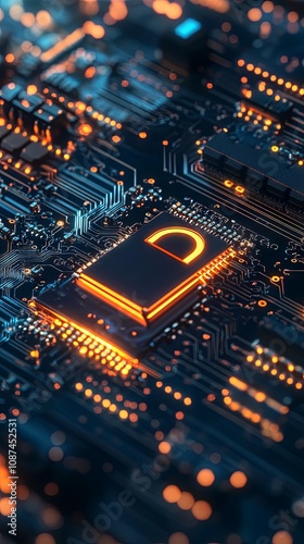 Cyber Security Abstract: Glowing Digital Lock on Circuit Board