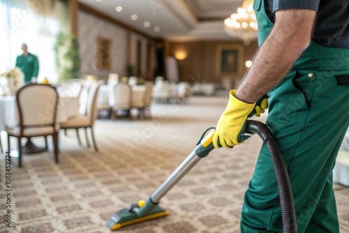 Wallpaper Mural The cleaning staff operates a carpet vacuum in a spacious banquet hall, ensuring the area remains pristine. Tables are set for an event, showcasing an elegant atmosphere and attention to detail in upk Torontodigital.ca