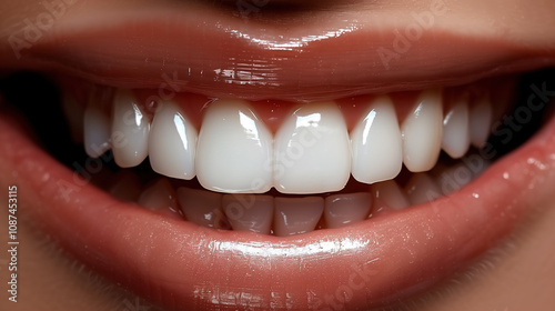 Close-up of perfectly aligned white teeth and healthy gums photo