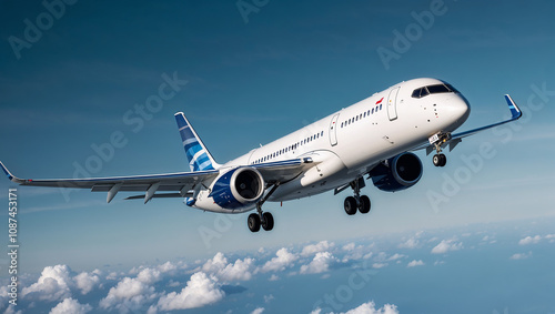 Commercial airplane soaring above fluffy white clouds skyward