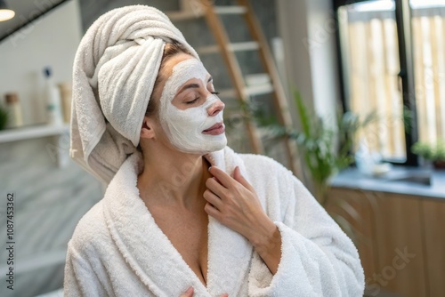 A relaxed woman is applying a facial mask while wearing a plush robe and towel on her head. The bathroom features modern decor, large windows, and plants, creating a serene atmosphere for self care.