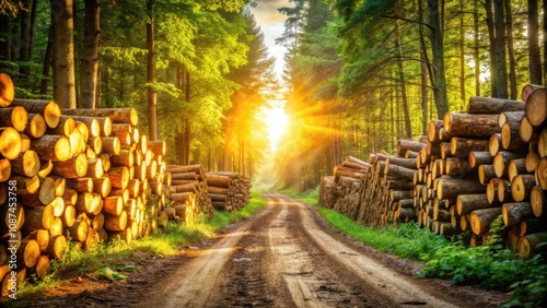 Golden Sunlight Bathes a Forest Path Lined with Stacks of Logs, Casting a Warm Glow on the Lush Greenery