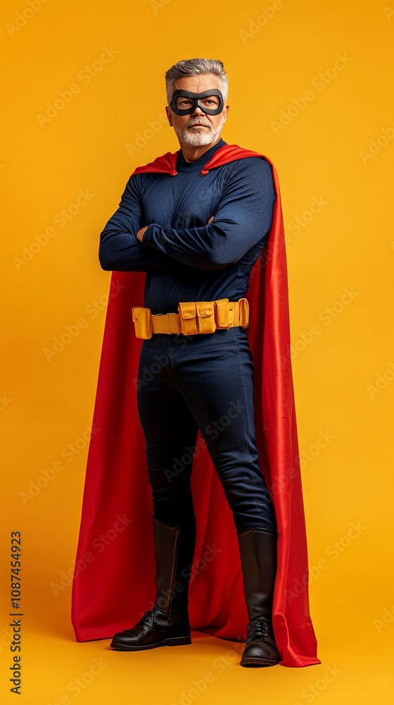 Confident Superhero in Red Cape and Mask Standing on Yellow Background Confident Superhero in Red Cape and Mask Standing on Yellow Background