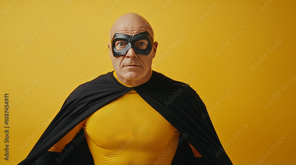 Confident Superhero in Black Mask and Cape Posing Against Yellow Background