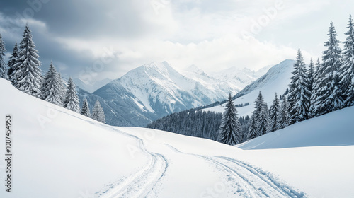 Scenic winter landscape with cross-country ski tracks in a pristine valley, snowy trees, and majestic mountain peaks under a cloudy sky