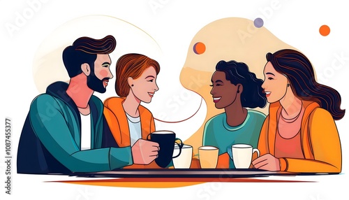 Hand-Drawn Vector of Friends Drinking Coffee and Talking, Flat Design with Bright Colors and White Space
