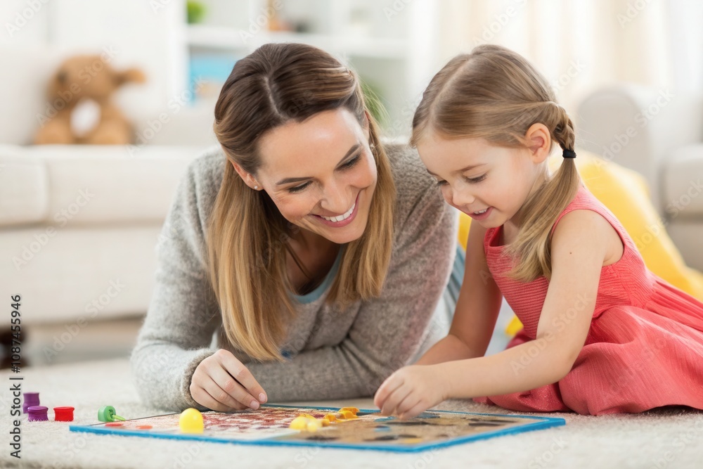 A mother and her young daughter are engaged in a board game on the floor of their cozy living room. The child looks excited while exploring game pieces, and the mother smiles warmly, creating a joyful A mother and her young daughter are engaged in a board game on the floor of their cozy living room. The child looks excited while exploring game pieces, and the mother smiles warmly, creating a joyful