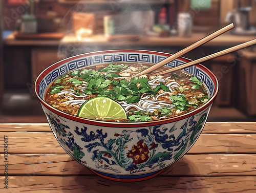 A steaming bowl of flavorful noodle soup garnished with fresh herbs and a slice of lime, perfect for any meal. photo