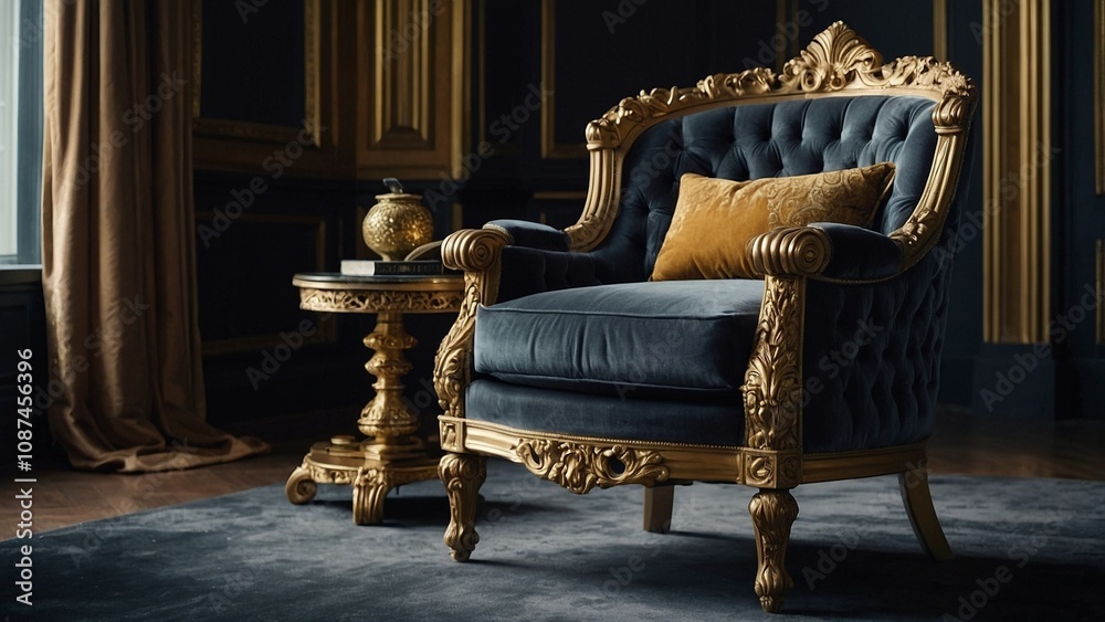 A luxurious, velvet armchair fit for a king, adorned with intricate gold detailing and plush cushions. A luxurious, velvet armchair fit for a king, adorned with intricate gold detailing and plush cushions.