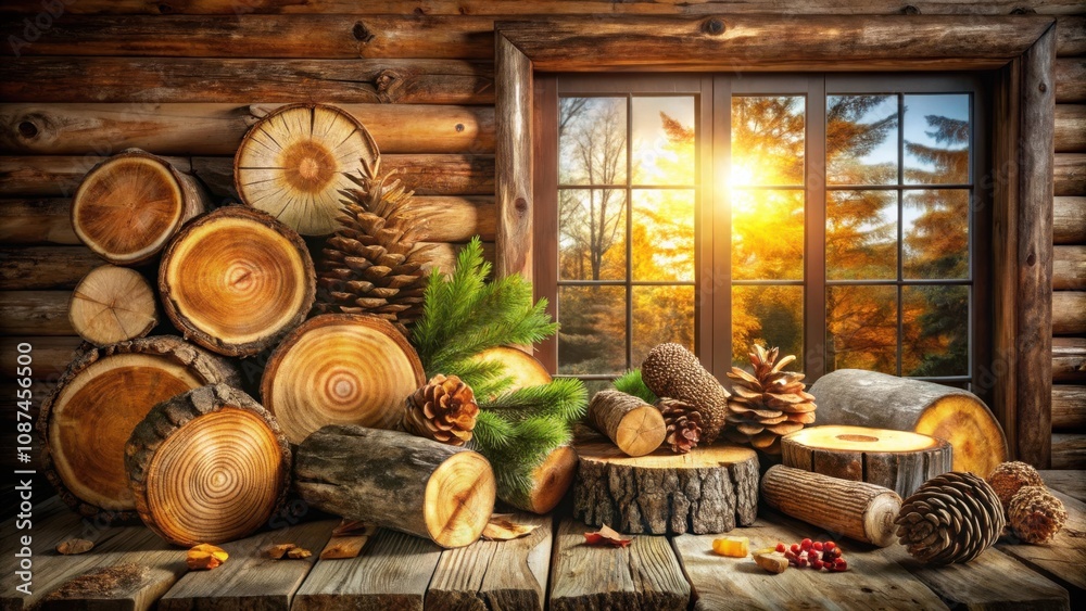 A rustic wooden window overlooking a vibrant autumn forest with a collection of pine cones and logs on the sill A rustic wooden window overlooking a vibrant autumn forest with a collection of pine cones and logs on the sill