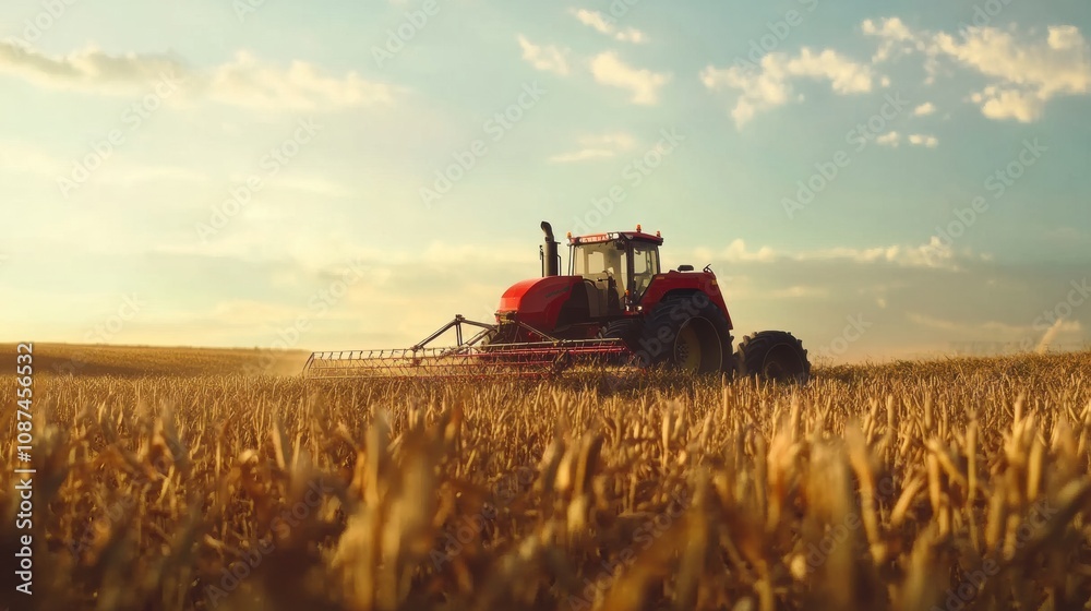 Fototapeta premium Robotic machines are harvesting crops on a farm during sunset, highlighting advancements in agricultural efficiency and innovation. Generative AI
