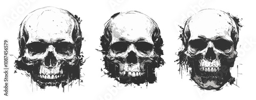 skull grunge set. skeleton textured, bone head human rough dirty splatter splashes old art vector illustration