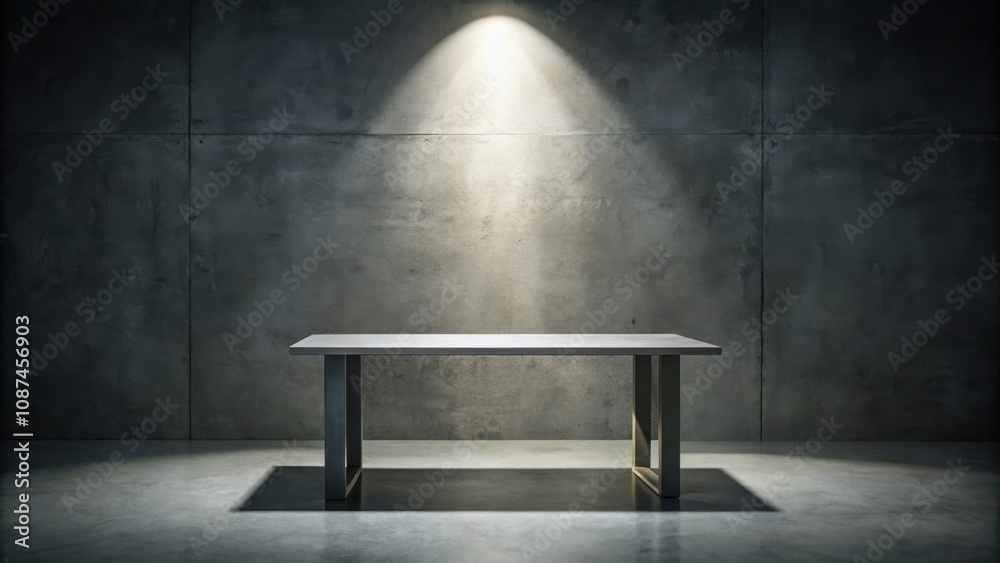 A minimalist concrete room illuminated by a single spotlight showcasing a simple table for product display A minimalist concrete room illuminated by a single spotlight showcasing a simple table for product display