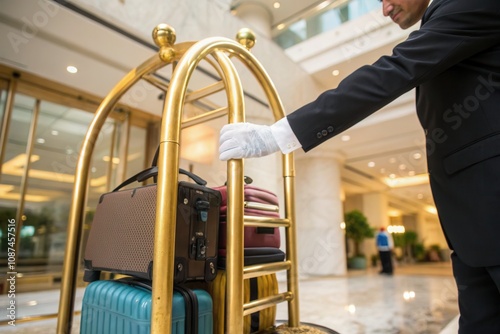 A hotel staff member in formal attire is pushing a luggage cart loaded with various suitcases through an elegant lobby. The atmosphere is upscale, with modern decor and hints of comfort, welcoming tra
