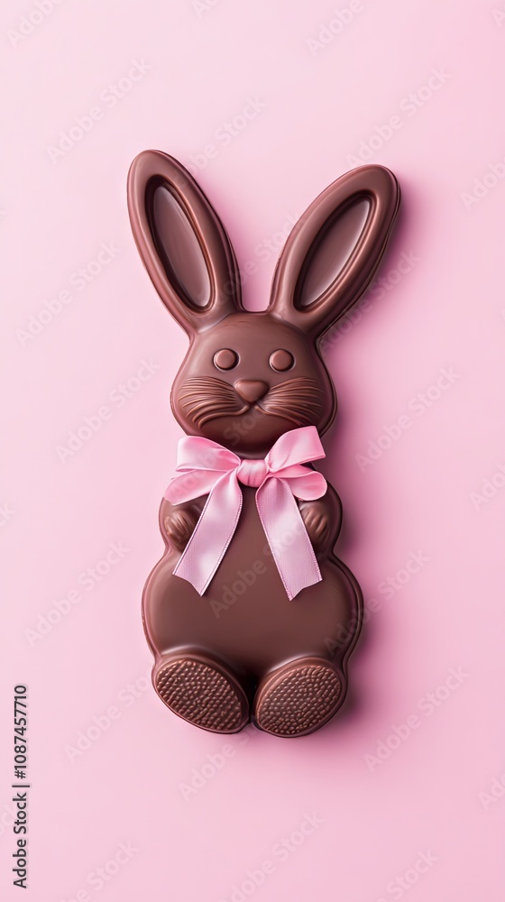 Chocolate Easter Bunny with Pink Bow on Pink Background Chocolate Easter Bunny with Pink Bow on Pink Background