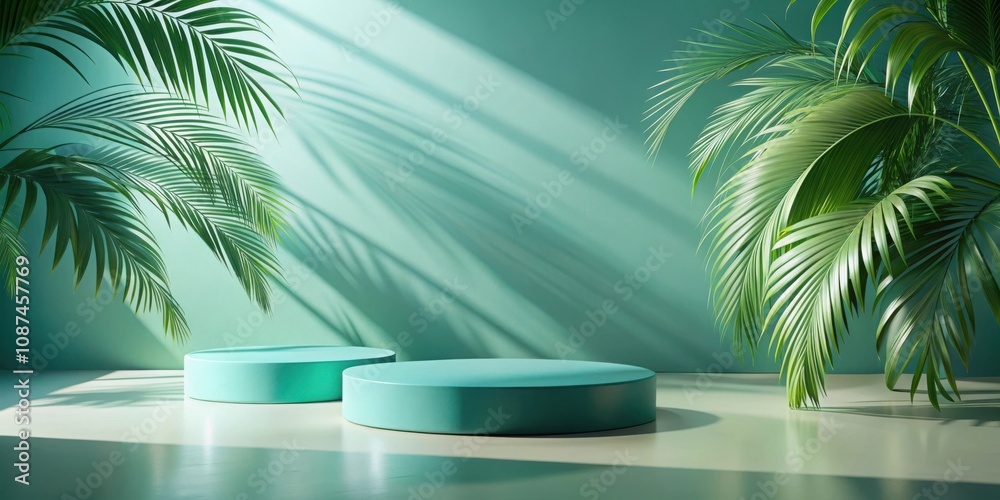 Two Circular Platforms Adorned with Lush Palm Leaves and Sunlight Casting Long Shadows on a Mint Green Wall Two Circular Platforms Adorned with Lush Palm Leaves and Sunlight Casting Long Shadows on a Mint Green Wall