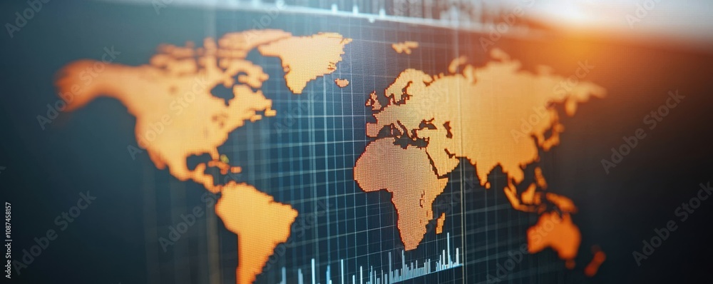 Obraz premium USA world economy World map in orange tones with a grid background, representing global connectivity.